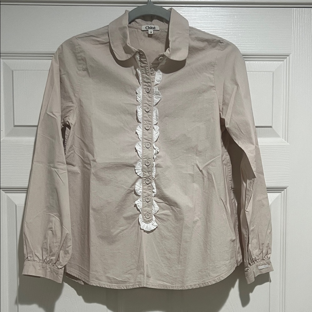 Chloe Beige Blouse with White Ruffle Trim